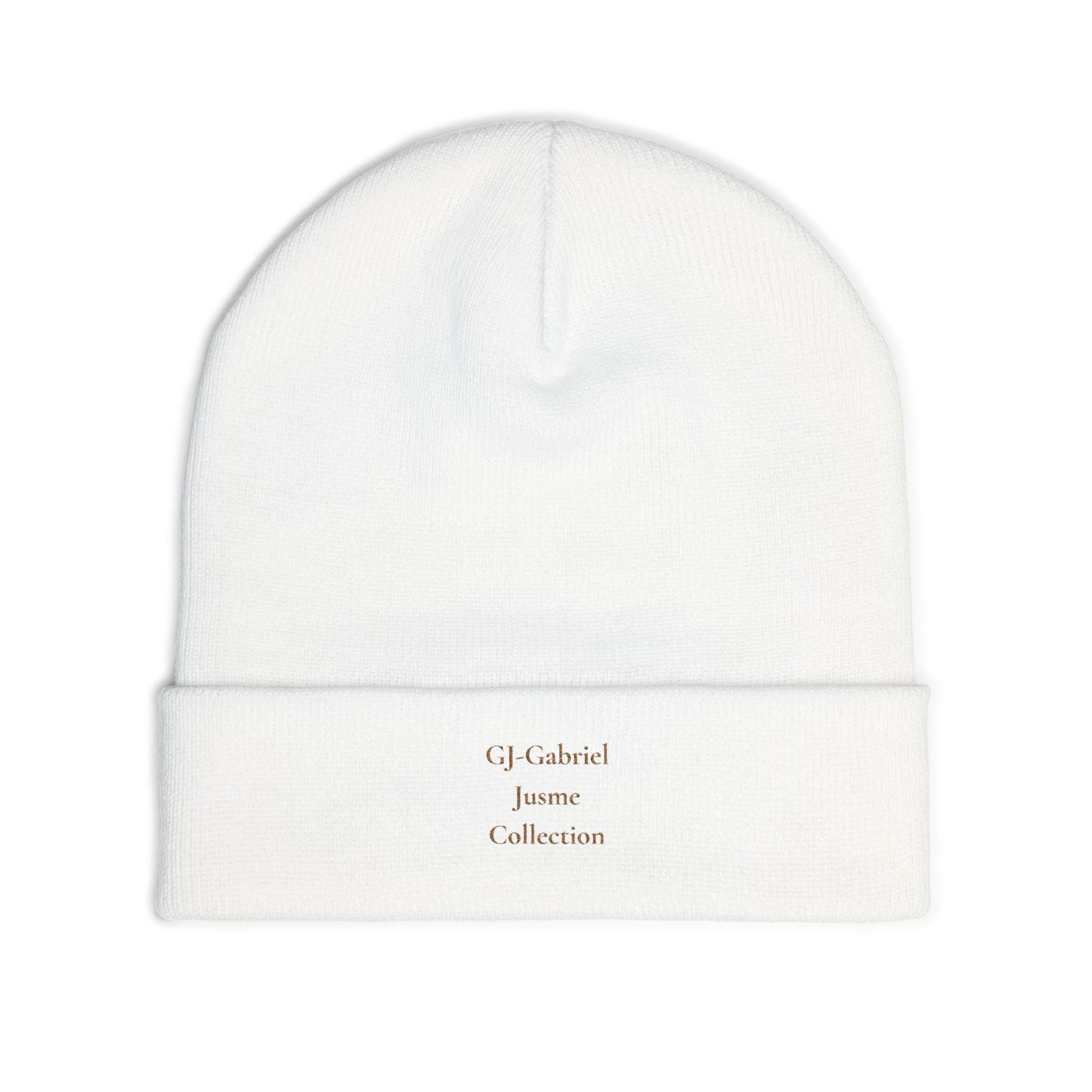 GJ- Gabriel Jusme Collection Embroidered Knit Beanie — Minimal Gold Script Patch Winter Hat