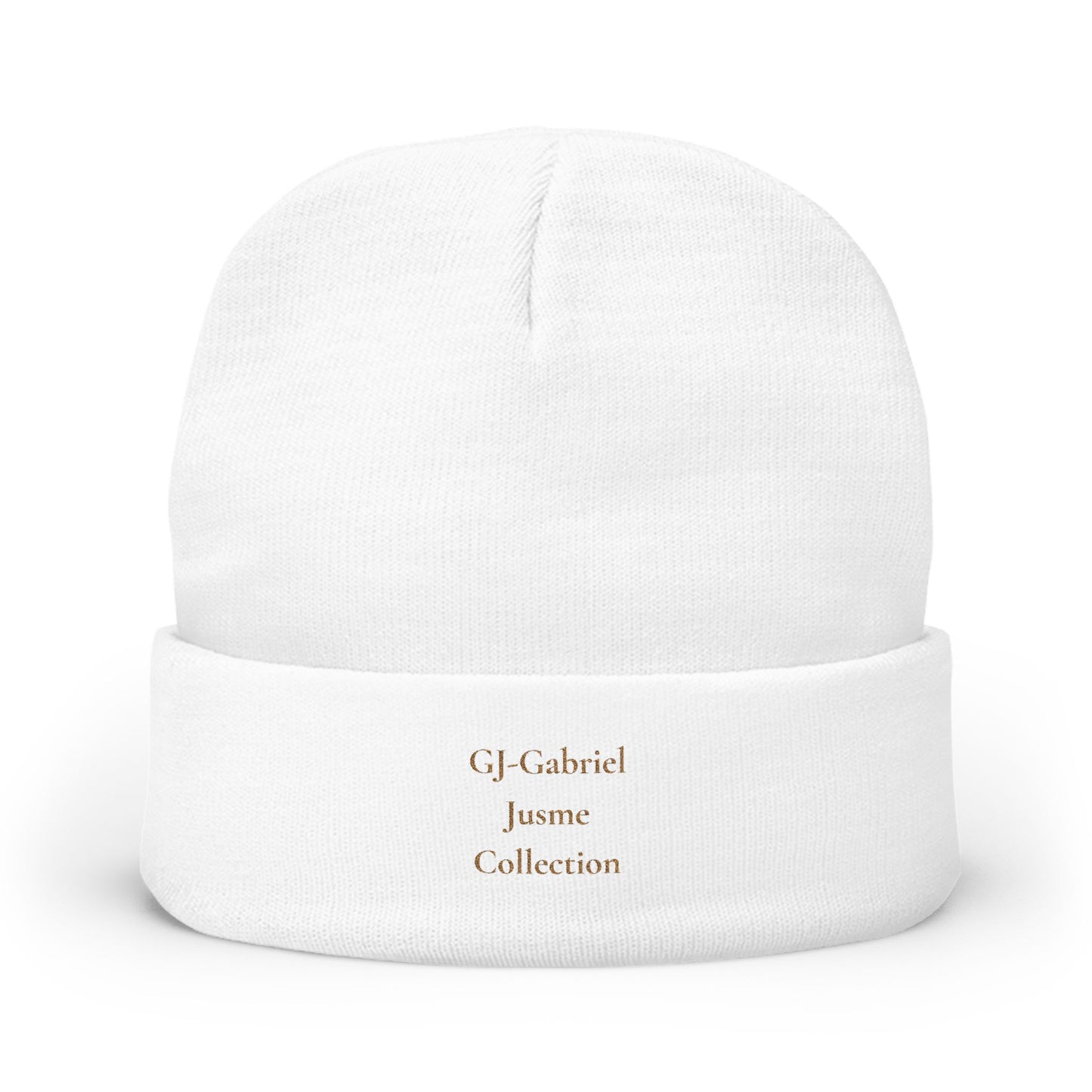 GJ- Gabriel Jusme Collection Embroidered Knit Beanie — Minimal Gold Script Patch Winter Hat