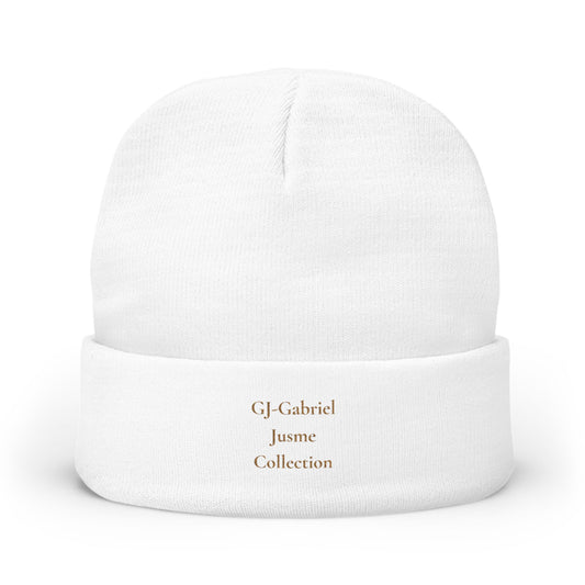 GJ- Gabriel Jusme Collection Embroidered Knit Beanie — Minimal Gold Script Patch Winter Hat