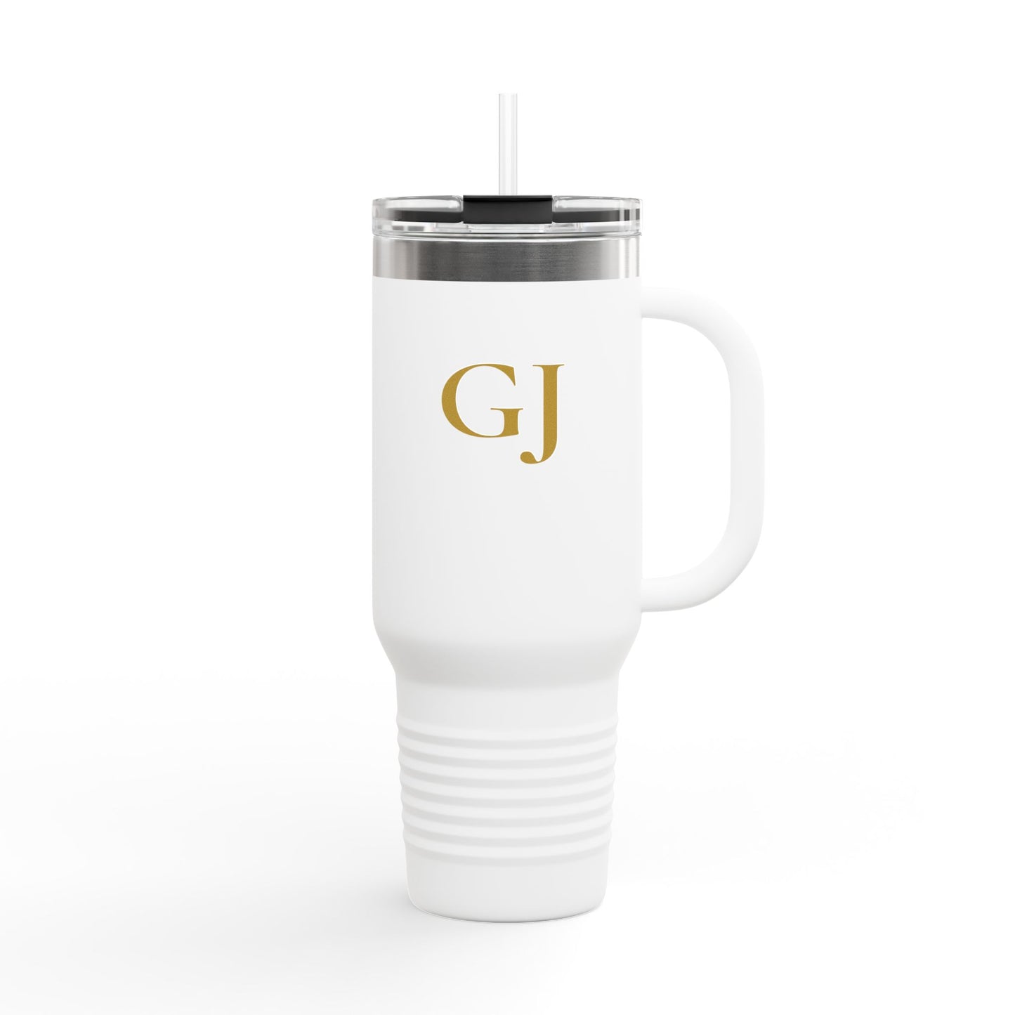 40oz Insulated Travel Mug – White Monogram GJ Stainless Tumbler with Straw & Handle